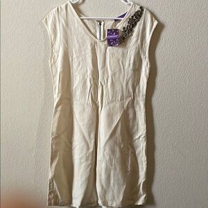 NWT Elegant Cream Sleeveless Dress with Embellished Shoulder